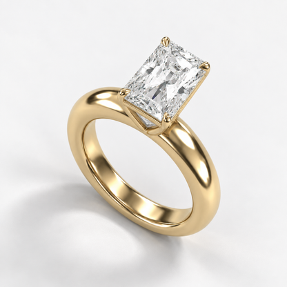 Solara Radiant Domed Solitaire Ring in yellow gold, elevated opposite three-quarter view — AI design preview