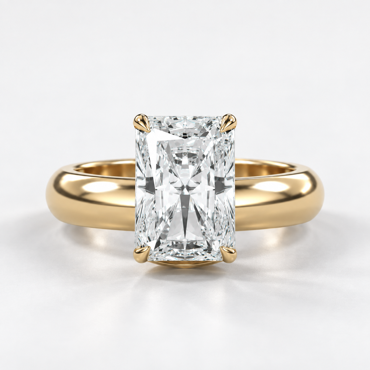 Solara Radiant Domed Solitaire Ring in yellow gold, straight-on front view — AI design preview