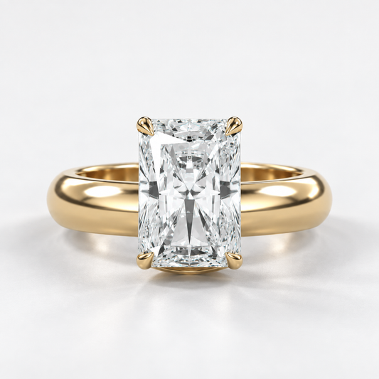 Solara Radiant Domed Solitaire Ring in yellow gold, straight-on front view — AI design preview