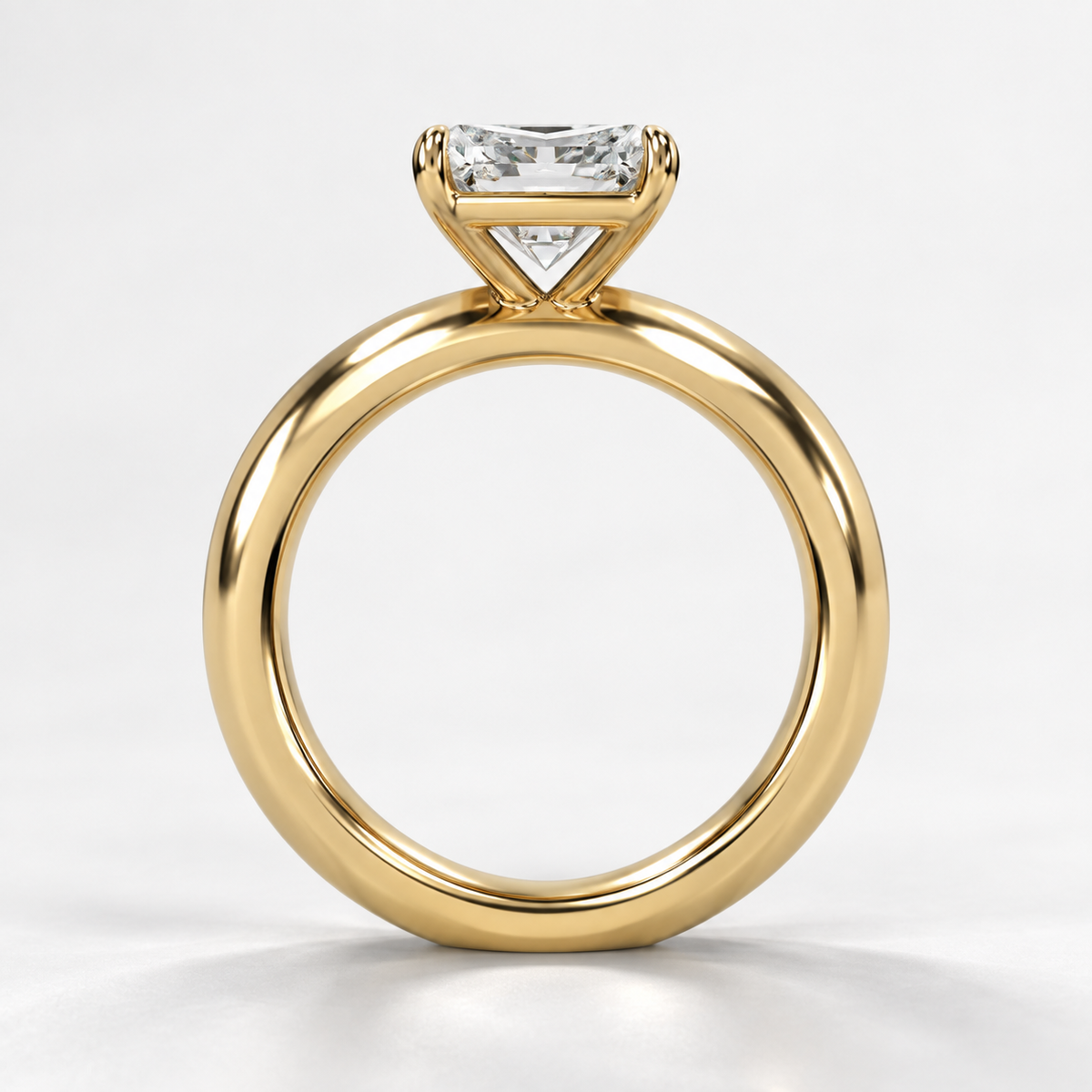 Solara Radiant Domed Solitaire Ring in yellow gold, true structural side view — AI design preview