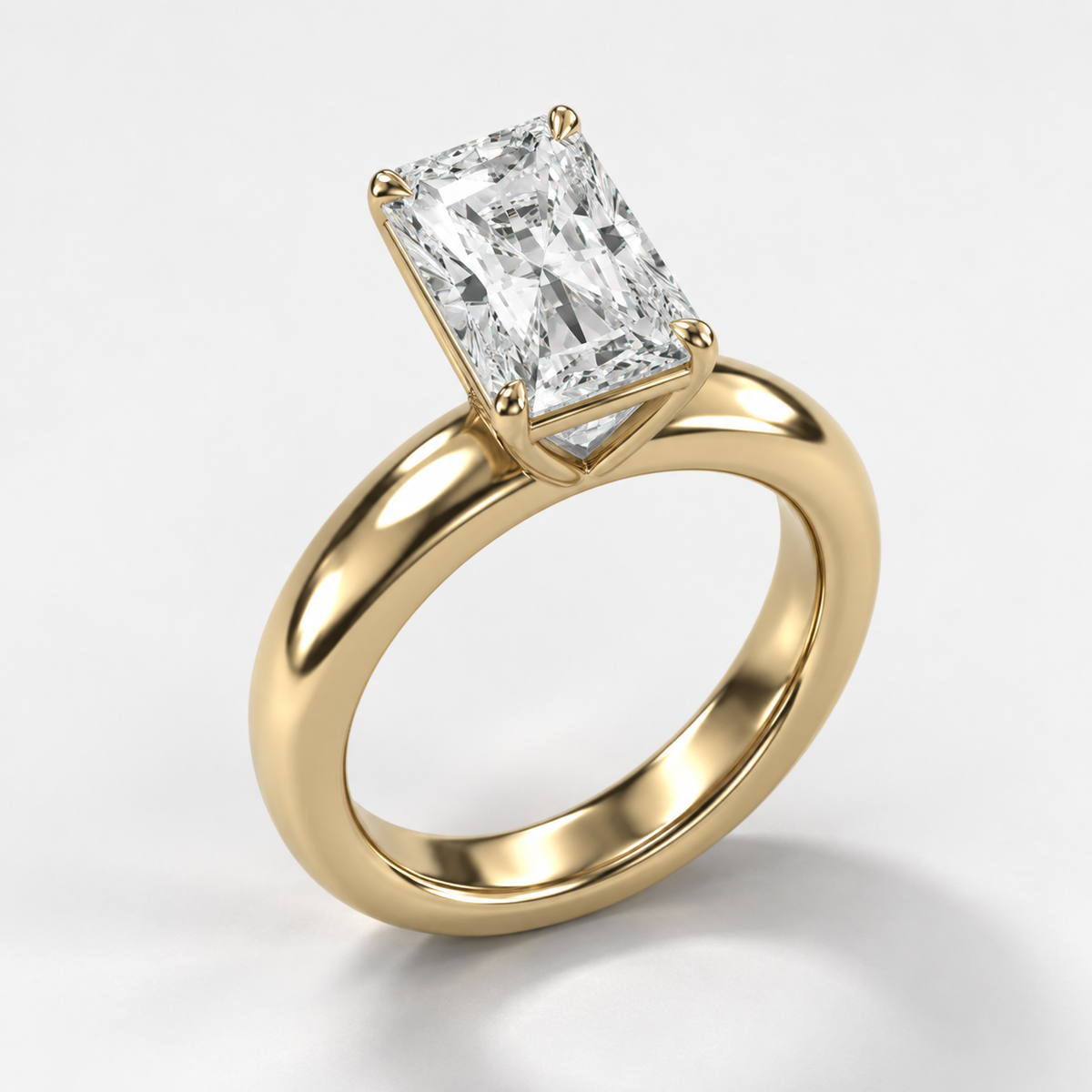 Solara Radiant Domed Solitaire Ring in yellow gold, three-quarter side view — AI design preview