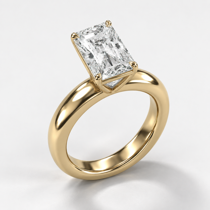 Solara Radiant Domed Solitaire Ring in yellow gold, three-quarter side view — AI design preview
