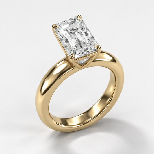 Solara Radiant Domed Solitaire Ring in yellow gold, three-quarter side view — AI design preview