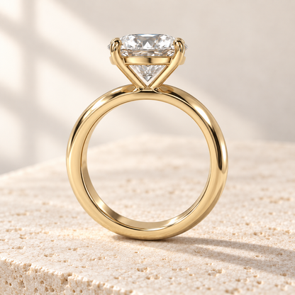 Solara Round Domed Solitaire Ring in yellow gold, side view — AI design preview