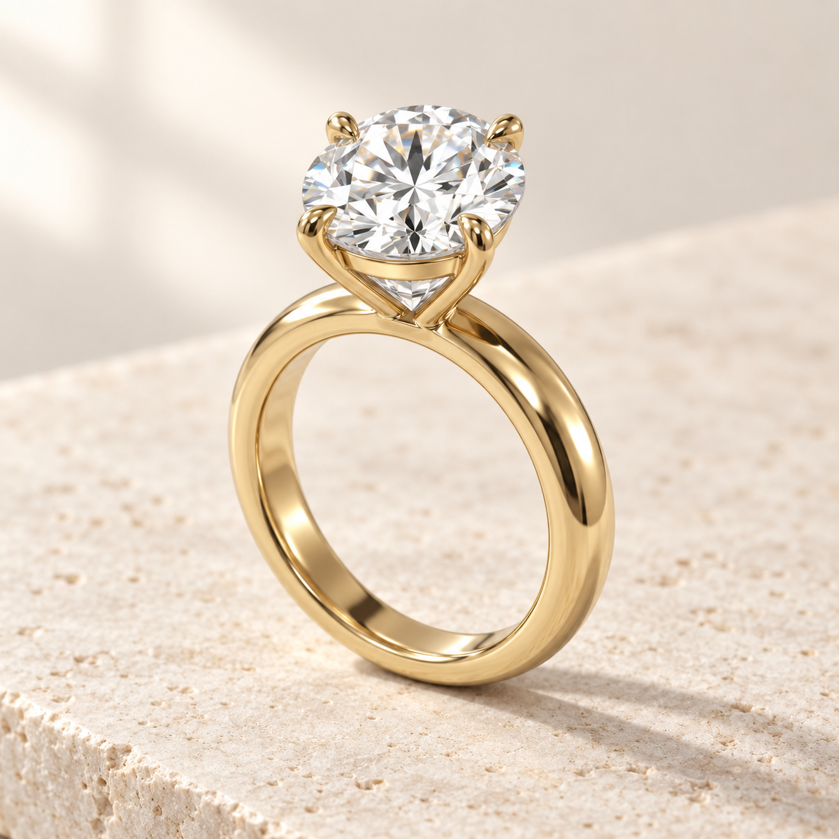 Solara Round Domed Solitaire Ring in yellow gold, three-quarter view — AI design preview