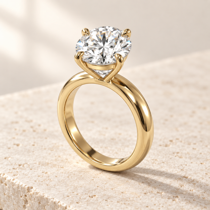 Solara Round Domed Solitaire Ring in yellow gold, three-quarter view — AI design preview