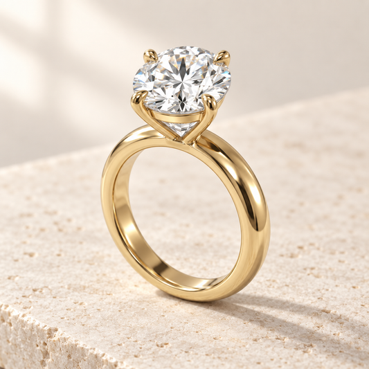 Solara Round Domed Solitaire Ring in yellow gold, three-quarter view — AI design preview