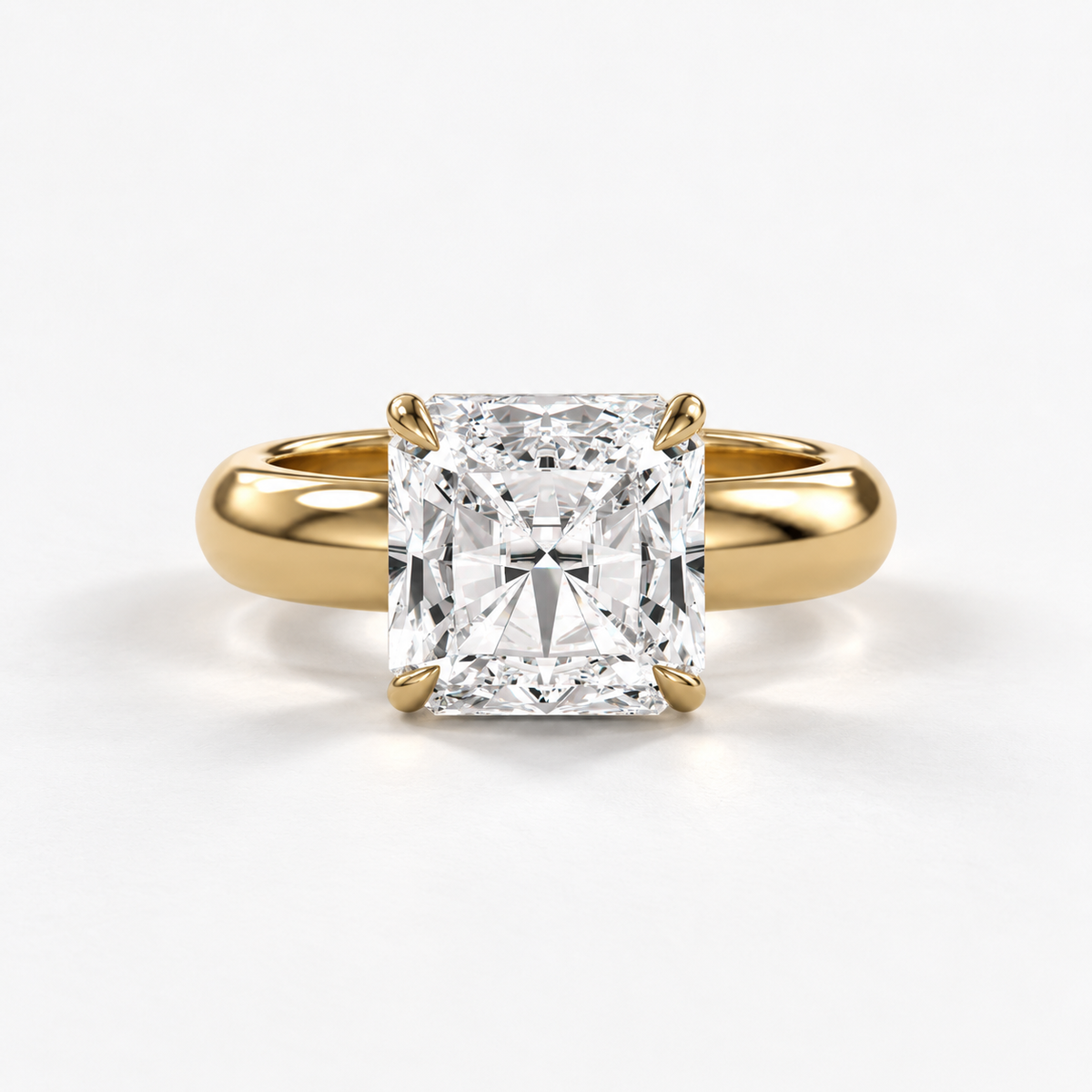 Solara Square Radiant Domed Solitaire Ring in yellow gold, straight-on front view — AI design preview
