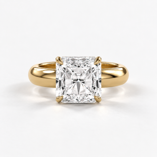 Solara Square Radiant Domed Solitaire Ring in yellow gold, straight-on front view — AI design preview