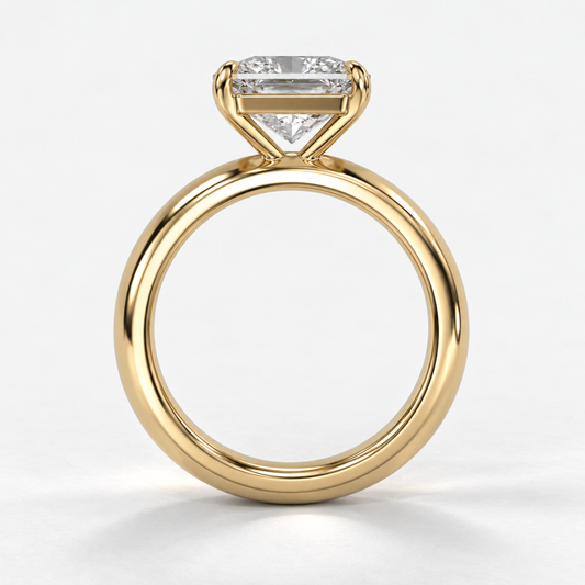 Solara Square Radiant Domed Solitaire Ring in yellow gold, true structural side view — AI design preview